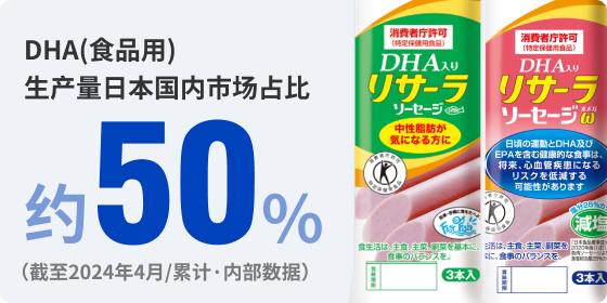 DHA(食品用)生産量国内シェア約50%　（2024年4月時点/累計・自社調べ）