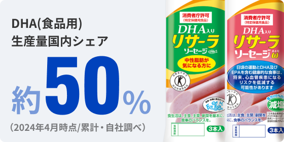 DHA(食品用)生産量国内シェア約50% (2024年4月時点/累計・自社調べ)