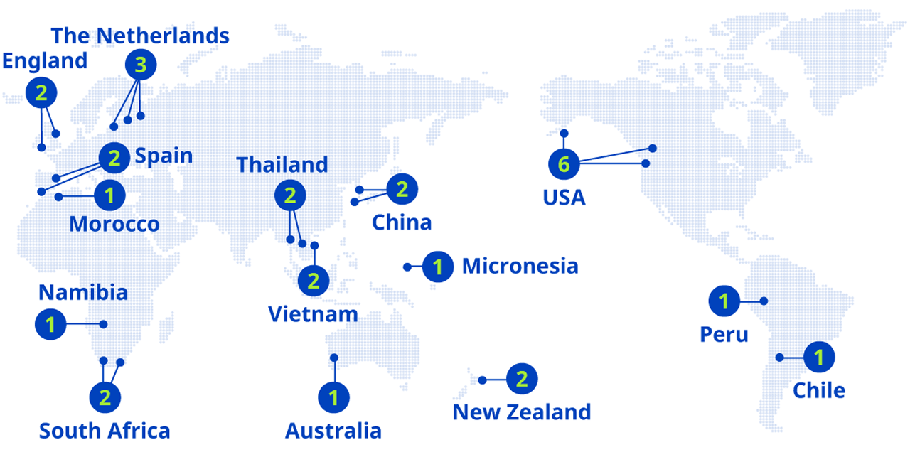 A world map showing the number of Umios’ Marine Product Centers.Umios operates 6 centers in the United States; 3 in the Netherlands; 2 each in China, Thailand, Vietnam, New Zealand, the United Kingdom, Spain, and South America; and 1 each in Micronesia, Australia, Morocco, Namibia, Peru, and Chile.