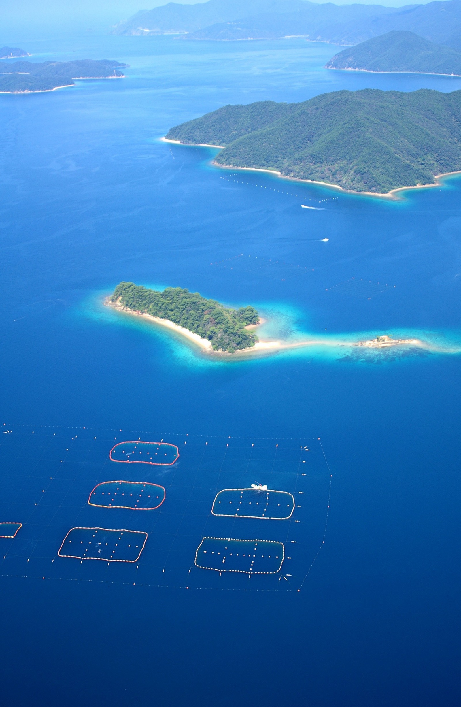 久根津の美しい海域に広がる養殖場の航空写真