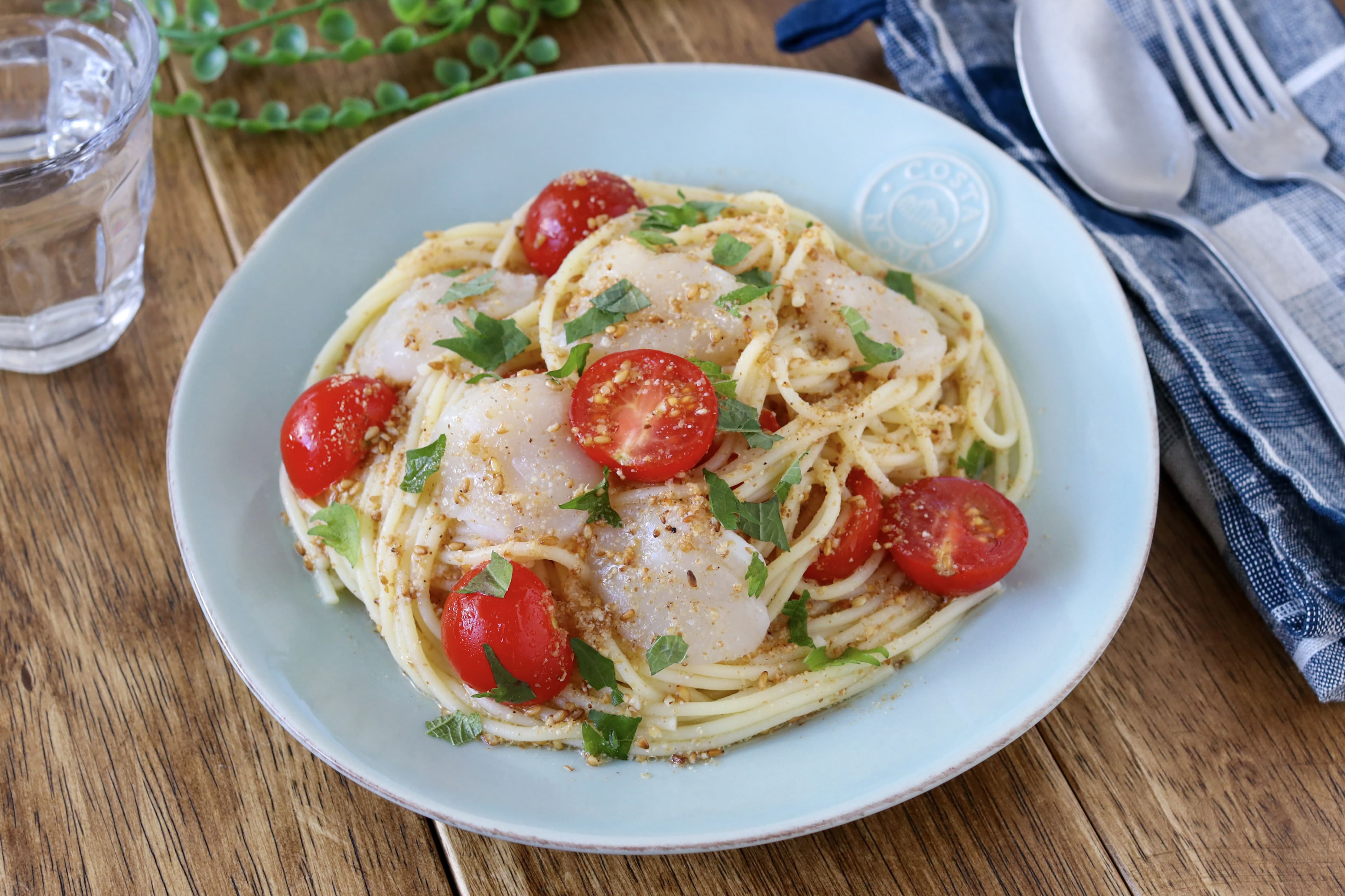 ほたてとミニトマトの冷製和風パスタ