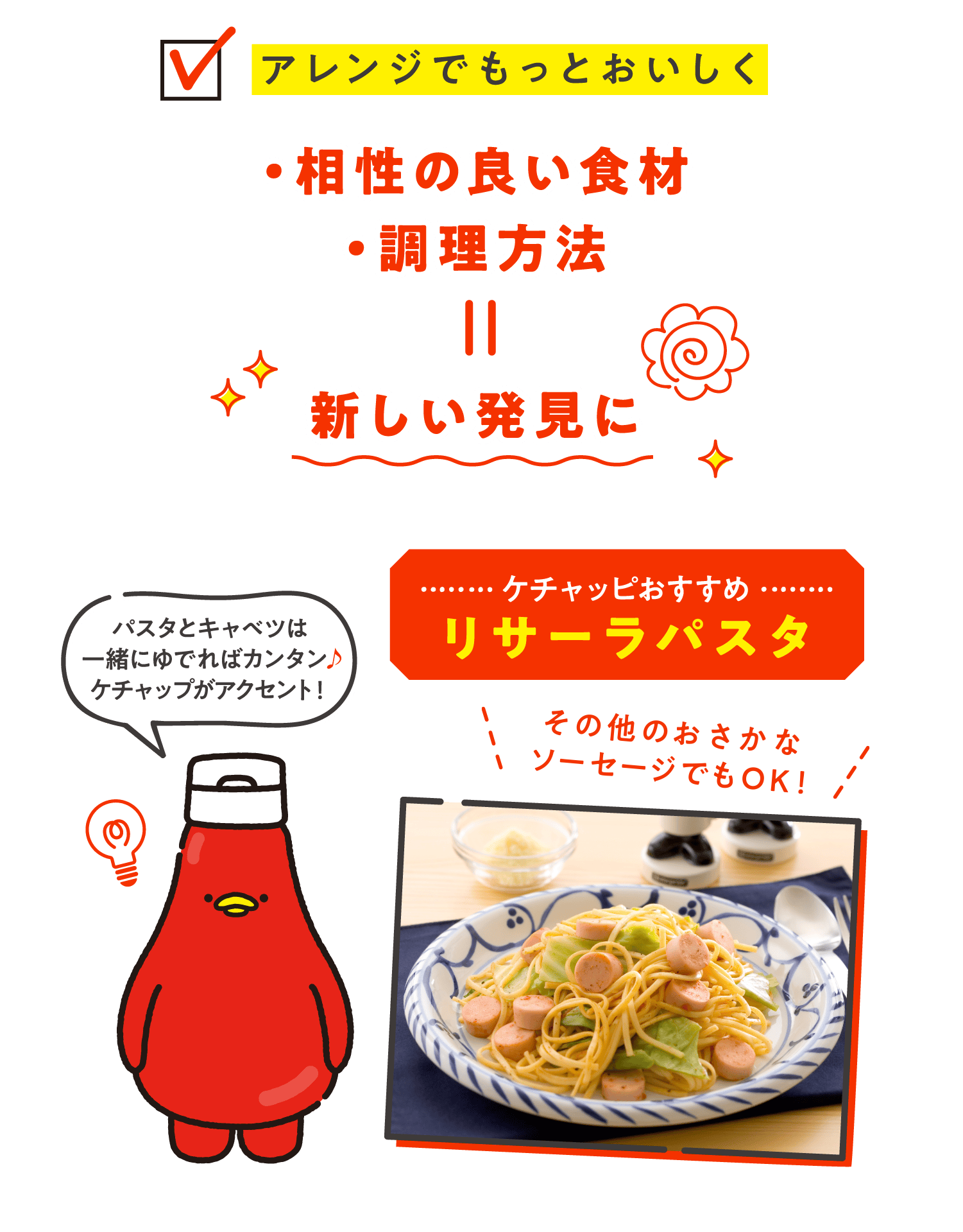 ＜アレンジでもっとおいしく＞ケチャッピおすすめリサーラパスタ パスタとキャベツは一緒にゆでればカンタン♪ケチャップがアクセント！