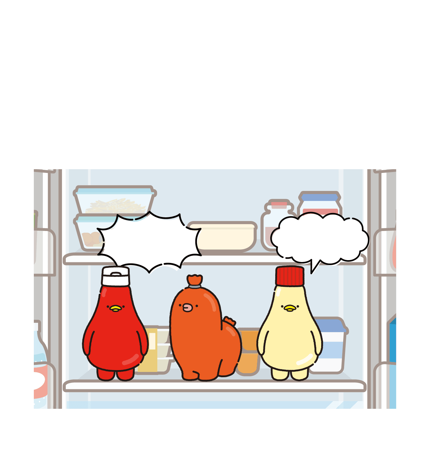 人の寝静まった夜のキッチン。冷蔵庫の中で“おいしく食べてもらうこと”を楽しみにみんなで語り合っています。