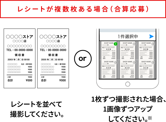 レシートが複数枚ある場合（合算応募）レシートを並べて撮影してください。or 1枚ずつ撮影された場合、1画像ずつアップしてください。※